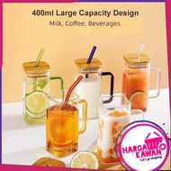 Mug Gelas Kaca Gelas Minum Elegan Simple Aesthetic Beserta tutup dan sedotannya 350ml Kaca Borosilik