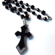 Crystal Necklace with Black Cross Pendant, Handmade Necklace