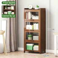 4Layer Storage Rack Display Cabinet Acrylic Flip Door Bamboo Bookshelf Organizer Kitchen Cabinet
