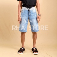 Yj Jeans Celana Pendek Pria Rib Jeans Motif Sobek Light Blue