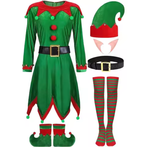 6 Pack Christmas Elf Costume Xmas Suit Green Christmas Cosplay Clothing Parent-Child Velvet Family M