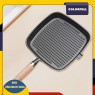 [Colorfull.sg] Cast Iron Skillet Frying Pan with Wooden Handle Uncoated Non-stick Cooking Pot Steak 