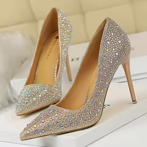 BIGTREE Shoes Rhinestone Woman Pumps Fashion Wedding Shoes Women Basic Pump Stiletto Heels 10cm 7cm 