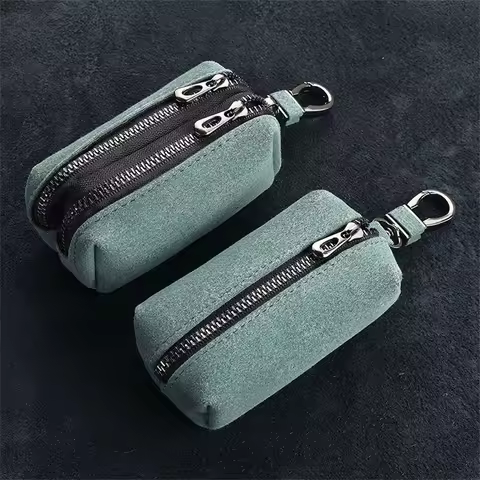 Suede Leather Key Case Unisex Large-Capacity Double Zipper Key Pouch Bag Coin Purse Portable Keychai