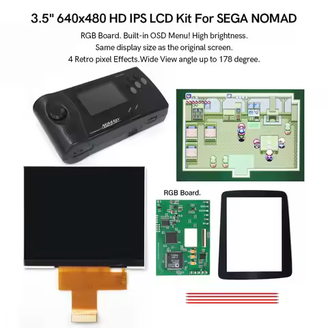 HD Backlight OSD Menu Hight Light 3.5" 640x480 IPS LCD Panel RGB Board Mod for Sega Nomad Console