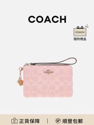 COACH Corner Zip Wristlet手拿包銀包塵粉色人造革小巧實用[平行進口]