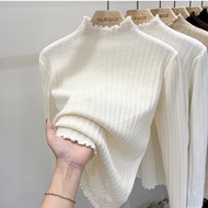 [Ready Stock] Spring/Autumn Fungus Edge Wheat Ear Half-Turtleneck Sweater for Women - White Top 6191