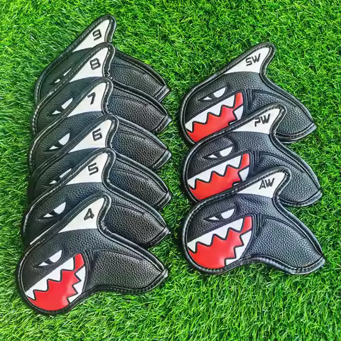 9Pcs Shark Pattern Golf Iron Headcovers PU Leather Numbered Golf Iron Head Cover Golf Club Protectio