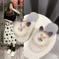 Cotton Slippers Women Winter Home Comfortable Toe-Bao Half Slippers Bunny Rhinestone Plush Slippers