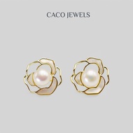 CACO Freshwater Pearl Earrings 14K Gold Plated with 925 Silver Post "Camellia (Stud Earring)" (1 Pai