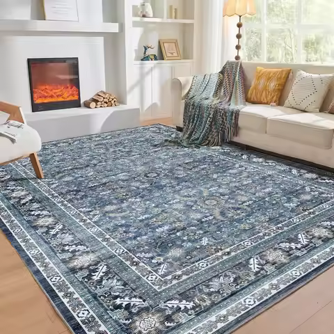 OPPODREAM Vintage Blue Area Rugs 6x9, 6 x 9 Retro Washable Rug Non Slip, Low-Pile Faux Wool Carpet, 