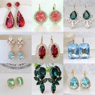 ROVSKI Fashion Korean Ready Stock Jewelry Subang Emas 916 Ruby Sapphire Emerald Set White Diamond Oval Pendant Earrings Anting Silver for Women