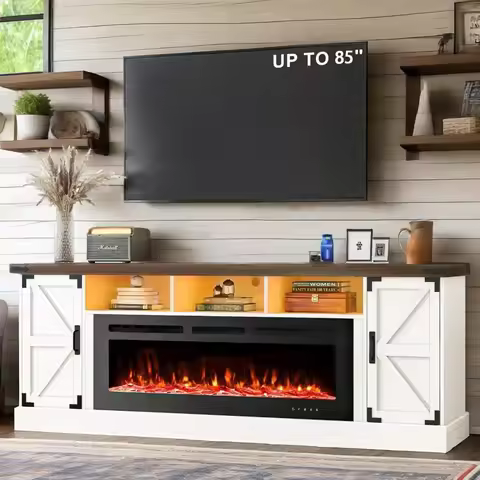 77 Fireplace TV Stand for 85 Inch TV, 50'' Electric Fireplace, Power Outlet, LED Farmhouse Media Ent