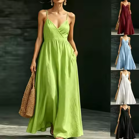Women Summer Textured V Neck Spaghetti Strap Maxi Dress, Solid Waisted Big Swing Vacation Dress With