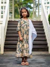 Kids Baju Raya for Eid, Racial Harmony, Deepavali Ethnic Wear 'Aishara' Anarkali Gown Dress in Cyan &amp; Beige Block Print