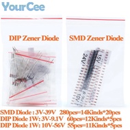 280pcs/60pcs/55pcs Zener Diode Assorted Kit DIY 3V~39V 3V-9.1V 10V~56V 1W Zener Diode Electronic Com
