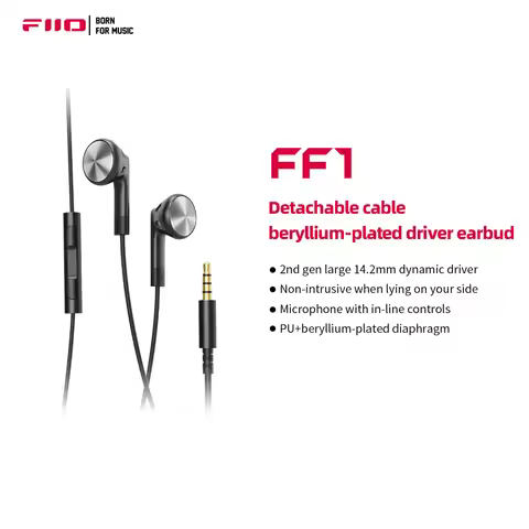 FiiO FF1 3.5mm HIFI Music Wired Bass Earbud 14.2mm Dynamic HD Microphone Earphone for Gaming Meeting