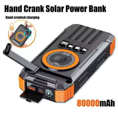 2026 NEW Solar Power Bank 80000mAh 22.5W Magnetic Wireless Powerbank Hand Crank with Cable Portable 