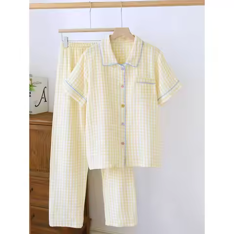 2pcs Women's Pajama Set Cream Yellow Plaid 100% Cotton Gauze Short Sleeve Long Pants Lightweight Sof