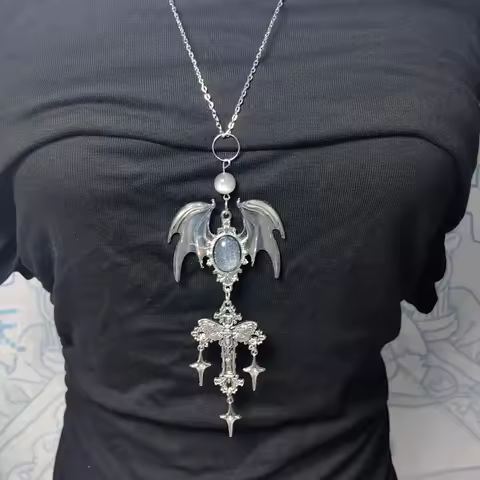 Goth Jewelry Witch Wings Cross Pendant Necklaces for Women Crystal Beads Skull Necklace Goth Accesso