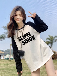 TAO SHOP168 ใหม่สินค้ามาใหม่ พร้อมส่ง เสื้อยืดแขนยาว ทรงกลม ผ้ายืด สกีนลายอังกฤษ แขนดำ ใส่ได้ทั้งชาย