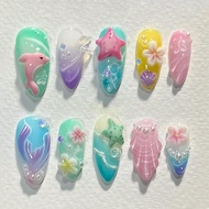 3D Press on Nails Medium Almond SWEKKE Ocean Fake Nails Flower False Nails with Designs Shell Dolphi