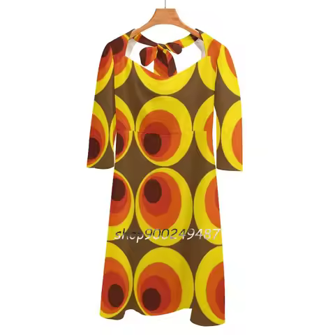 70S , 80S Funky Vintage Circle Pattern Flare Dress Square Neck Dress Elegant Female Fashion Printed 