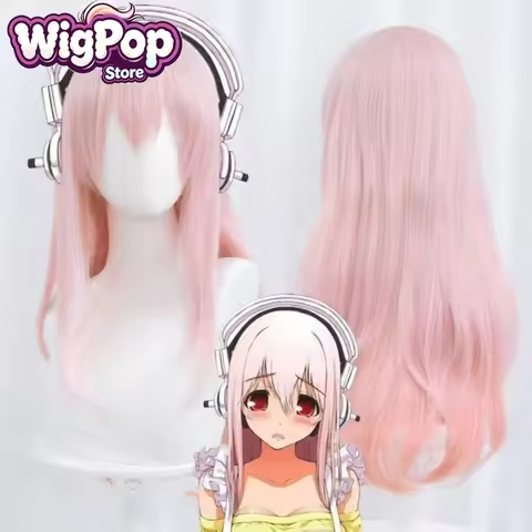Anime Super Sonico cosplay wig Long Pink Ombre Hair Heat Resistant Synthetic hair Rose net for Party