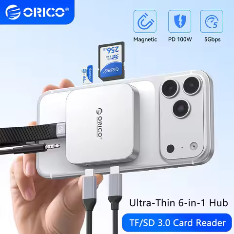 ORICO 6 in 1 Magnetic SD/TF 3.0 Memory Card Reader PD100W Multi Port Ultra-Thin USB C Hub 5Gbps Expa