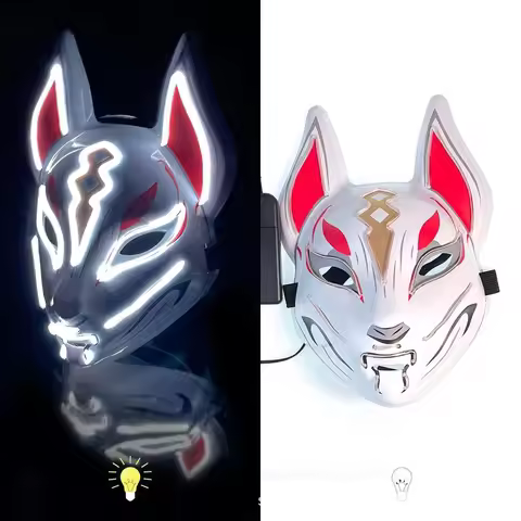 High Quality PVC Japanese Fox Mask Full Face Durable Halloween Costume Mask Reusable Luminous LED Ma