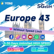 Europe 43 countries eSIM 1-20GB  Unlimited 5G Data | Instant Email Delivery | 欧洲43国上网卡 无限流量卡 | Yoni