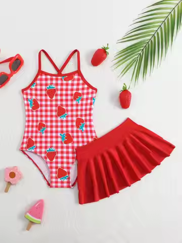 Girls' Summer Casual Swimwear Children's Red Swimsuit Set, Red Plaid + Strawberry Print One-Piece Sw