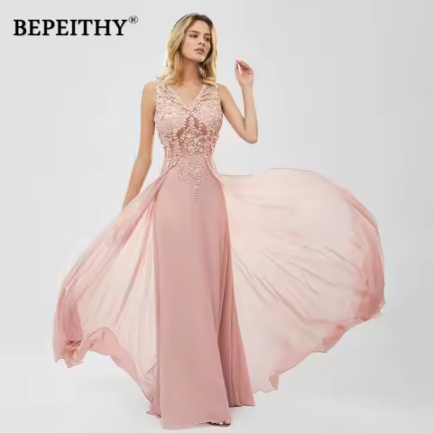 BEPEITHY Customized V Neck Evening Dresses Lace Appliques Pink Prom Dress Chiffon Formal Occasion Dr