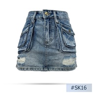กระโปรงยีนส์สั้น คาโก้ นิยมยีนส์ Niyom jeans สียีนส์ แต่งขาด มีซับใน รุ่น SK16