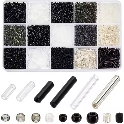 5000+pcs Glass Seed Beads 15 Styles Tube Beads Bugle Beads Black White Small Mini Beads Twisted Bead