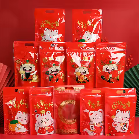 2026 Chinese New Year Red Snowflake Crispy Nougat Candy Cookie Self Standing Sealing Zipper Bags Bak