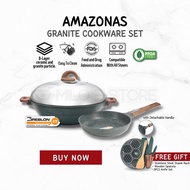 iGOZO AMAZONAS Non Stick Granite 36CM Wok Kitchen Cookware Set (Free 24cm Fry Pan+3PCS Knife+Steam Rack+Wooden Spatula)