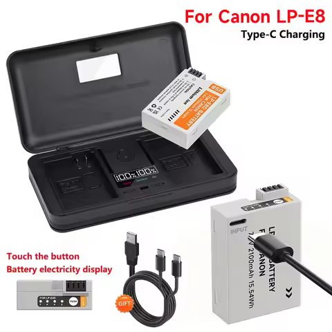 LP-E8 LP E8 LPE8 Battery with Type-C Input+Storage Box LCD Dual Charger for Canon EOS 550D 600D 650D