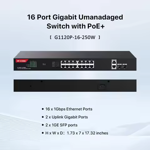 Full Gigabit 16 Port PoE Switch with 2 Gigabit Uplink Ethernet Port & 2 SFP 250W High Power Support 