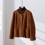 輕盈保暖羊毛混紡雙面短版大衣 金棕色 260107-2