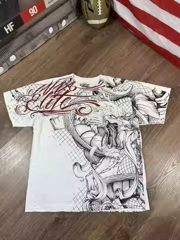 MMA ELITE Mens Graphic T Shirt Oriental Dragon Chinese Ink Wash Painting Style Cotton Comfy Streetwe