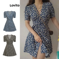 Lovito Casual Dress Ditsy Floral Wrap Summer/Spring Dress for Women L80ED279 Lovito Pakaian Kasual D