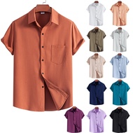 【12 Color】2024 Summer New American Style Plain Shirts for Men Casual Lapel Short Sleeve Shirt with P
