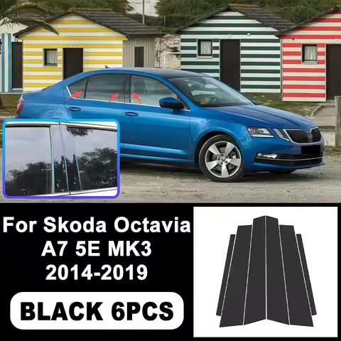 For Skoda Octavia A7 5E MK3 2014-2019 Piano Black B C Pillar Stickers, Easy Install PC Window Trim A