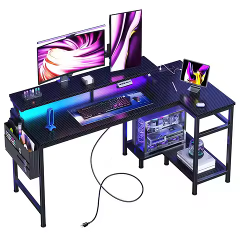 Computer Gaming Desk with LED Lights USB TypeC Ports Power Outlets Reversible L Shaped Storage Desk 