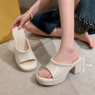 7cm high heels, PU leather high heels, 7cm square heel women's high heels, pearl studded wedge sanda