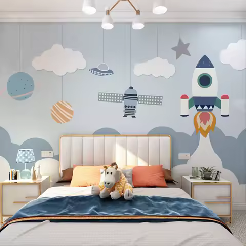 Customized products Nordic cartoon space rocket wallpaper modern simple children's room boy bedroom 