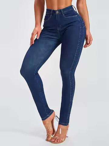 Street Slim Women's Blue Pencil Denim Pants Women Zipper Pockets Lady Jeans 2025 Autumn Lady Casual 