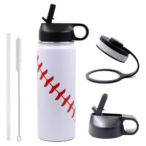Oz Baseball Water Bottle, Sports Flask Metal Travel Mug With 2 Lids, Stainless Steel Double Wall Vac