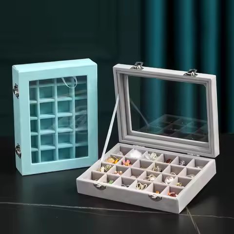 12 /24 Grid Velvet Ring Box Tray Portable Multi-function Jewellery Organiser Storage Dustproof Deskt